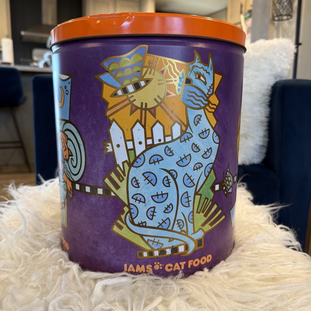Iams Cat Food - Vintage Large Tin Metal Canister‎ 11" X 10" Retro Art Cats 1993